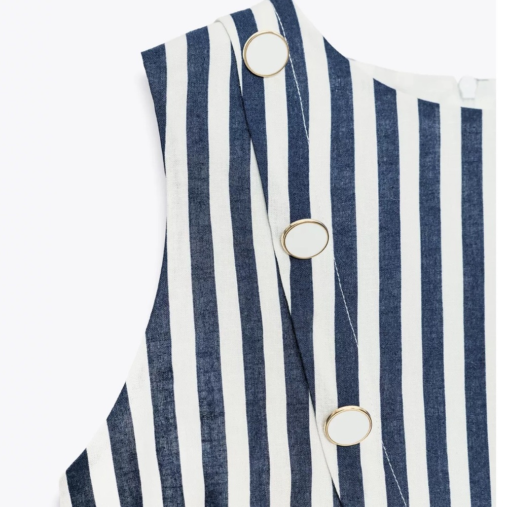 NWT Zara | Belted Linen Dress Waist Cut-out Navy Ivory Nautical coastal vibe - Picture 9 of 16
